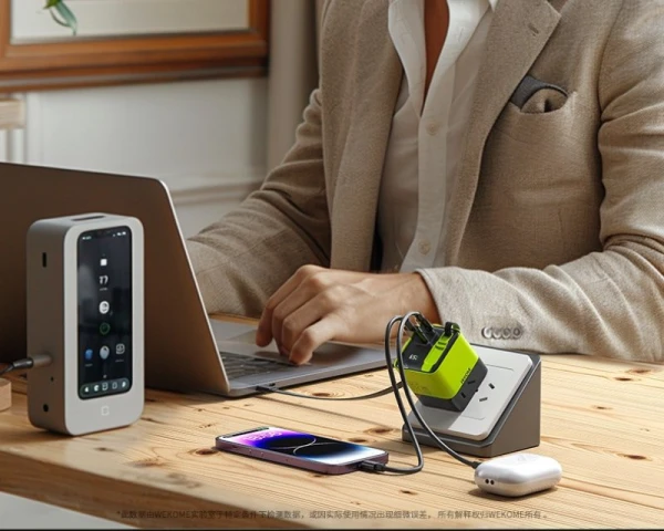 WEKOME WP-U39 Superbrzi Strujni GaN punjač, 2-porta USB (3.0 i 3.1 tip C) 65W sa displlejom i USB 3.1 tip C kablom 0.8m, žuti 