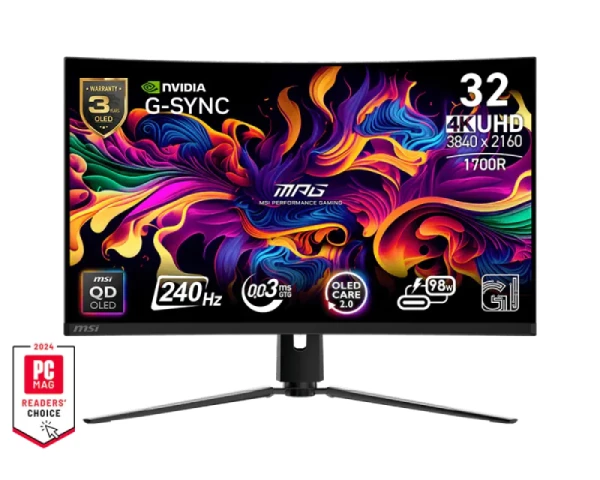 MSI 32 inča MPG 321CURX QD-OLED, 4K UHD 3840x2160 QD OLED 240 Hz G-Sync zakrivljeni gaming monitor 